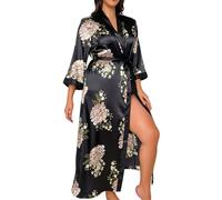 NSICBMNO Black Silk Dressing Gown For Women Uk Plus Size Kimono Robes Long Dressing Gowns Lightweight Housecoats Satin Floral Robes Sexy Nightwear Full Length Bathrobes Spa Robe Sleepwear With Belt