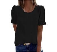 NSICBMNO Black Summer Broderie Anglaise Tops Puff Sleeve Lace Top Swiss Dot Chiffon Blouse Round Neck Tshirt Loose Casual Blouses for Office Work Beach Lounge Streetwear