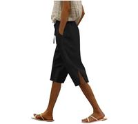NSICBMNO Black Summer Shorts for Women UK Cotton Linen Knee Length Shorts Drawstring Capri Pants Straight Legs Joggers with Pockets Elasticated Waist Cargo Pants Activewear Short Loose Lounge