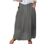 NSICBMNO Black Summer Skirts for Women UK Plus Size Maxi Skirts with Pockets Ladies Elasticated Waist Striped Maxi Skirt Long Pleated A Line Skirt Flared