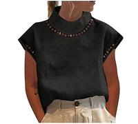 NSICBMNO Black Summer Tops for Women UK Linen Blouses Casual High Neck Tops Cap Sleeve Oversized Tshirts Hollow Out Lace Top Zip Back Blouse Baggy T Shirts Loose Blouses for Office Work Going Out