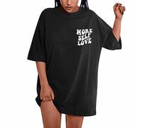 NSICBMNO Black T Shirts for Women UK Summer Tops Oversized Tshirt Short Sleeve Tunic Tops Long Baggy T Shirts More Self Love Tshirt Round Neck Blouses Casual Top