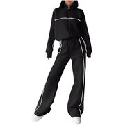 NSICBMNO Black Tracksuit Womens Full Set Loungewear Sets Autumn 2 Piece Outfits Zip Up Gym Jacket Straight Leg Joggers Striped Tracksuit Bottoms With Pockets Casual Co Ord Sets Airport Travel Outfit