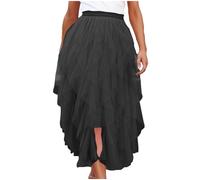 NSICBMNO Black Tulle Skirt Women Long Pleated Skirt Elasticated Waist Midi Tiered Layered Mesh Tutu A Line Flared Dress Irregular Hem for Ballet Prom Party