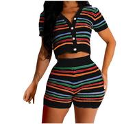 NSICBMNO Black Two Piece Outfit Women Crochet Co Ord Sets Button Up Cropped Knit Cardigan Crochet Beach Shorts Short Sleeve Tops Leggings Shorts Summer Lounge Wear Sets For Holiday Beach Swimwear