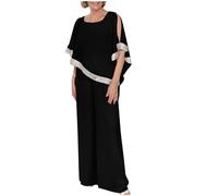 NSICBMNO Black Two Piece Outfit Women Elegant Wedding Outfits Ladies Sequin Party Tops Batwing Dressy Blouses Wide Leg Trousers Co Ord Sets Cold Shoulder T Shirt Palazzo Pants Lounge Sets Plus Size