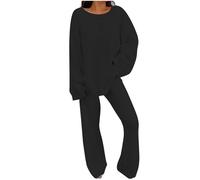 NSICBMNO Black Two Piece Outfit Women Fleece Loungewear Sets Long Sleeve Oversized Tops Wide Leg Yoga Pants Ladies Tracksuit Sets Co Ord Travel Outfit Airport Set Homewear Sleepwear Plus Size