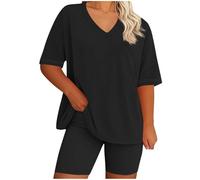 NSICBMNO Black Two Piece Outfit Women Plus Size Co Ord Sets Oversized V Neck T Shirts Y2K Short Sleeve Tunic Tops Cycling Shorts Casual Tracksuit Lounge Wear Sets Summer Outfits For Yoga Work Beach