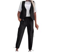 NSICBMNO Black Two Piece Outfit Women Striped Co Ord Sets V Neck Waistcoat Cargo Pants With Pockets Casual Outfits 2 Piece Loungewear Sets Plus Size Trouser Suits For Office Work Party Streetwear