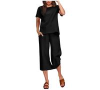 NSICBMNO Black Two Piece Outfit Women Summer Co Ord Sets Cropped Trousers Ladies Loose Short Sleeve Round Neck Top Lounge Sets Oversized T Shirts Wide Leg Capri Pants Casual Tracksuits With Pockets