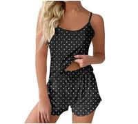 NSICBMNO Black Two Piece Outfit Women Summer Co Ord Sets Polka Dot Pyjamas Spaghetti Strap Tank Top Sleeveless Camisoles Running Shorts Hot Pants Lounge Wear Sets Babydoll Lingerie Sexy Sleepwear