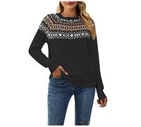NSICBMNO Black Women's Long Sleeve Tops Crew Neck Jumper Knitted Jumper Vintage Sweater Tunic Tops Loose Knit Sweater Casual Sweatshirts Fairisle Loose Pullover Streetwear