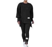 NSICBMNO Black Womens Tracksuit Set 2 Piece Outfits Oversized Sweatshirts Gym Leggings Airport Out Long Jumpers Split Hem Trousers Casual Co Ord Sets Winter Lounge Wear Sets For Gym Sports Travel