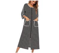 NSICBMNO Black Zip Dressing Gowns For Women Uk Striped Pyjamas Lightweight Bath Robes Short Sleeve Nighties Long Nightgowns Soft Dressing Gown Nightwear Ladies Nighties With Pockets Homewear