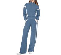 NSICBMNO Blue 2 Piece Outfits Women Fleece Lined Tracksuit Set Sport Jacket Wide Leg Joggers Striped Co Ord Sets Sweatsuits Casual Outfits Two Piece Lounge Sets Sportswear Set Activewear Gym Wear