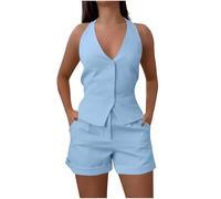 NSICBMNO Blue 2 Piece Outfits Women Formal Co Ord Sets Shorts Lounge Set Sleeveless V Neck Waistcoat Ladies Tailored Shorts With Pockets Airport Outfit Casual Tracksuit For Office Work Streetwear