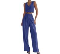 NSICBMNO Blue 2 Piece Outfits Women Formal Trouser Suits Cropped Waistcoat Sleeveless Blazer Wide Leg Tailored Trousers With Pockets Summer Co Ord Sets Smart Casual Outfits For Work Y2K Streetwear