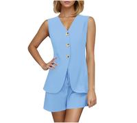 NSICBMNO Blue 2 Piece Outfits Women Shorts Co Ord Sets Summer Suits Sleeveless Waistcoat Button Up Vest Top Tailored Shorts Hot Pants Casual Outfits Summer Lounge Sets For Office Work Streetwear