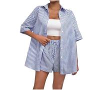NSICBMNO Blue 2 Piece Outfits Women Summer Lounge Wear Sets Striped Co Ord Set Button Up Shirts Short Sleeve Tops Lightweight Shorts Drawstring Sweatpants Airport Outfits For Casual Holiday Beach