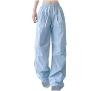 NSICBMNO Blue Baggy Trousers Women Y2K Wide Leg Joggers Cargo Pants with Pockets Elasticated Waist Trousers Harem Pants Drawstring Tracksuit Bottoms Parachute Casual Trouser Gym Streetwear