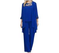 NSICBMNO Blue Co Ord Sets For Women Plus Size Mother Of The Bride Outfits 3 Piece Outfits Waterfall Cardigans Lace Sleeveless Top Trousers Set Chiffon Trousers Suits Wedding Guest Partywear