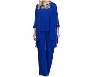 NSICBMNO Blue Co Ord Sets For Women Plus Size Mother Of The Bride Outfits 3 Piece Outfits Waterfall Cardigans Lace Sleeveless Top Trousers Set Chiffon Trousers Suits Wedding Guest Partywear