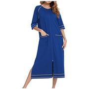 NSICBMNO Blue Cotton Nighties For Women Zip Up Dressing Gowns Knee Length Pyjamas With Pockets Ladies Long Zipped Bathrobes Lightweight Housecoat Half Sleeve Night Dress Loungewear Sleepwear