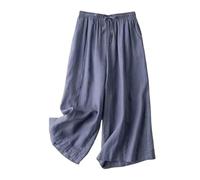 NSICBMNO Blue Cropped Trousers for Women UK Linen Trousers Wide Leg Yoga Pants Ladies Summer Trouser Elasticated Waist Trouser Baggy Lounge Pants Harem Slacks with Pockets