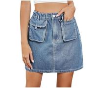 NSICBMNO Blue Denim Skirts for Women UK Elasticated Waist Skirts Cargo with Pockets Womens Mini A Line Jean Short Summer Retro Pencil Skirt Casual
