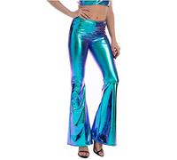 NSICBMNO Blue Flared Trousers Womens High Waisted Trousers Metallic Stretch Bootleg Yoga Pants Going Out Wide Leg Loose Casual Bell Bottoms for Party Club Rave Costume