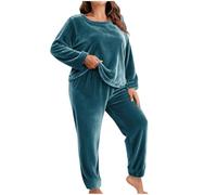 NSICBMNO Blue Fleece Pyjamas Women Plus Size Two Piece Outfit Thermal Loungewear Sets Oversized Fleece Jumper Baggy Trousers Winter Co Ord Sets Velvet Tunic Top Long Pj Bottoms Fluffy Pjs Sleepwear