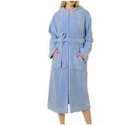 NSICBMNO Blue Fluffy Dressing Gowns Women Terry Towelling Bathrobe Zip Up Dressing Gown Hooded Bathrobe With Pockets Ladies Long Towelling Bath Robes Fleece Wrap Nightgown Fluffy Bath Robes