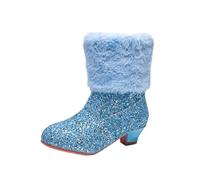 NSICBMNO Blue Girls Ankle Boots Fur Lined Winter Snow Boots Chunky Block Heeled Short Sequin Boot Side Zipper Warm Booties For Kids 3-12 Years