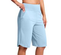 NSICBMNO Blue Knee Length Shorts Women UK Running Shorts with Pockets Straight Leg Joggers High Waisted Yoga Pants Baggy Sweatpants Stretchy Capri Pants for Summer Casual Office Work Jogging