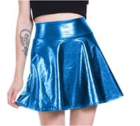 NSICBMNO Blue Leather Skirt for Women Wetlook Skirt Flared Skater High Waist Faux Leather Sexy Mini Shiny Metallic Performance Costume Pleated for Night Out Clubwear