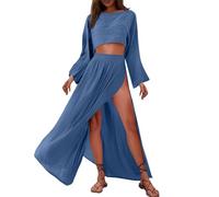 NSICBMNO Blue Linen Co Ord Sets For Women Two Piece Outfit Long Skirt And Top Sets Beach Vacation Outfits Long Sleeve Crop Tops Side Split Maxi Skirt Summer 2 Piece Outfits Lounge Set Travel Outfit