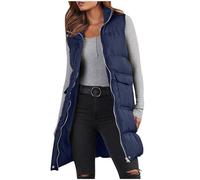NSICBMNO Blue Long Gilet For Women Uk - Winter Jacket Women, Padded Gilet Ladies Gillette Body Warmer Puffer Vest, Puffer Long Padded Coats Zip Up Vest With Pockets, Sleeveless Quilted Jacket