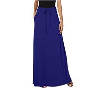 NSICBMNO Blue Long Skirts for Women UK Boho Skirts with Pockets Ladies Elasticated Waist Maxi Long Pleated A Line Skirt Casual Flared for Vacation Work Going Out Skirt