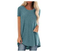 NSICBMNO Blue Longline Tops for Women UK Plus Size Oversized T Shirts Ladies Long Tunics Summer Short Sleeve Tops Round Neck Tshirt Flowy Tshirt Loose Fit Blouses for Casual Work Gym Holiday Beach