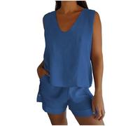 NSICBMNO Blue Lounge Sets For Women Travel Outfits Linen Co Ord Sets V Neck Tank Tops Cargo Shorts With Pockets 2 Piece Summer Outfits Sleeveless Vests Shorts Tracksuit For Work Beach Streetwear