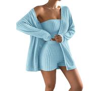 NSICBMNO Blue Lounge Wear Sets For Women Uk 3 Piece Outfits Ribbed Pyjamas Set Long Knitted Cardigan Strapless Tube Top Crop Tops Ribbed Gym Shorts Airport Outfits Casual Tracksuit Co Ord Sets