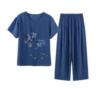 NSICBMNO Blue Lounge Wear Sets For Women Uk Cropped Pyjamas Plus Size Floral Tops Capri Pants Summer Co Ord Sets Short Sleeve Blouses Round Neck T Shirts Elastic Waist Trousers Soft Pjs Sleepwear