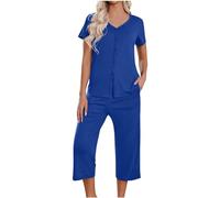 NSICBMNO Blue Lounge Wear Sets For Women Uk Summer Co Ord Sets Short Pyjamas Round Neck T Shirts Capri Pants With Pocket 2 Piece Outfits Wide Leg Loungewear Short Sleeve Pj Set Nightwear