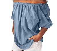 NSICBMNO Blue Off The Shoulder Tops for Women Short Sleeve Blouses Plus Size Cotton Linen Casual Oversized Tunic Top Baggy T Shirts Ruched Summer Tops Loose Blouses for Going Out Y2K Holiday Beach