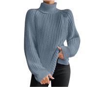 NSICBMNO Blue Oversized Jumper Women Turtleneck Sweater Cowl Neck Tops Longline Jumpers Knitted Long Sleeve Top Chunky Jumpers Slouch Sweater Pullover Baggy Jumper Street Wear Blouse Top Plus Size