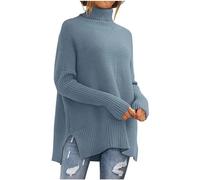 NSICBMNO Blue Oversized Turtle Neck Jumper for Women - Batwing Sleeve Ribbed Top with Split Hem - Loose Knit Sweater Pullover Tunic Winter Chunky Streetwear Plus Size