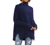 NSICBMNO Blue Oversized Turtle Neck Jumper Women Batwing Tops Ribbed Split Hem Loose Knit Sweater Pullover Tunic Winter Chunky Streetwear Plus Size