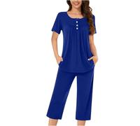 NSICBMNO Blue Pjs For Women Sets Summer Co Ord Sets Two Piece Outfit Short Sleeve Tops Button T Shirts Wide Leg Trousers Capri Pants Loungewear 2 Piece Lounge Cropped Pyjamas Plus Size