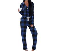 NSICBMNO Blue Pjs For Women Sets Tartan Pyjamas With Pockets Button Up Pyjamas Long Sleeve Shirt Checked Pj Bottoms Winter Two Piece Outfit V Neck Blouses Long Pants Coord Sets Sleepwear Loungewear