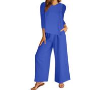 NSICBMNO Blue Plus Size Two Piece Outfit Women Summer Co Ord Sets Linen Lounge Wear Sets Round Neck T Shirts Wide Leg Trousers Casual Tracksuit Pyjamas Loungewear For Holiday Beach Homewear